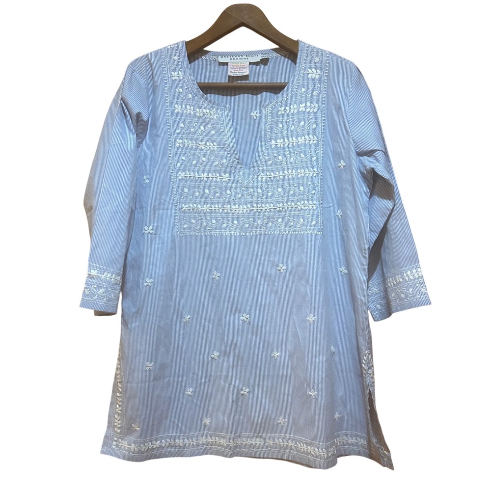 Gretchen Scott Brooks Tunic Womens L Blue Stripe Embroidered Coastal Preppy